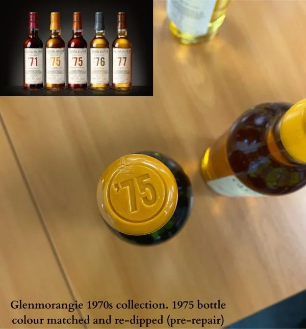 Glenmorangie 1970s collection. 1975 bottle colour matched and re-dipped (pre-repair)